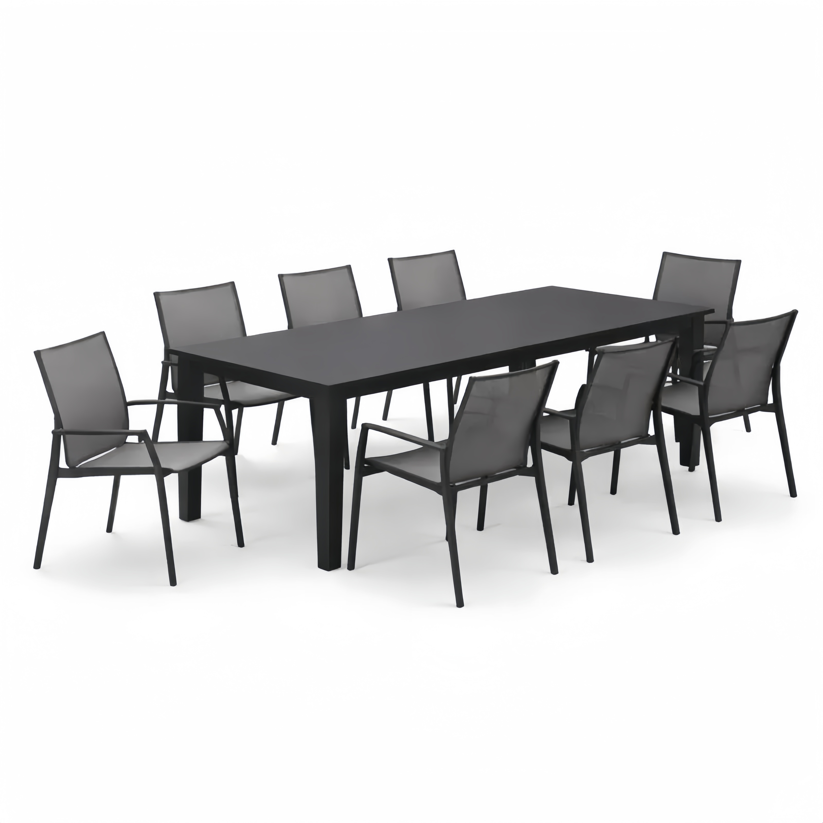 Set Tavolo da Pranzo in Alluminio Nero con 8 Sedie in Tessuto Sintetico Grigio