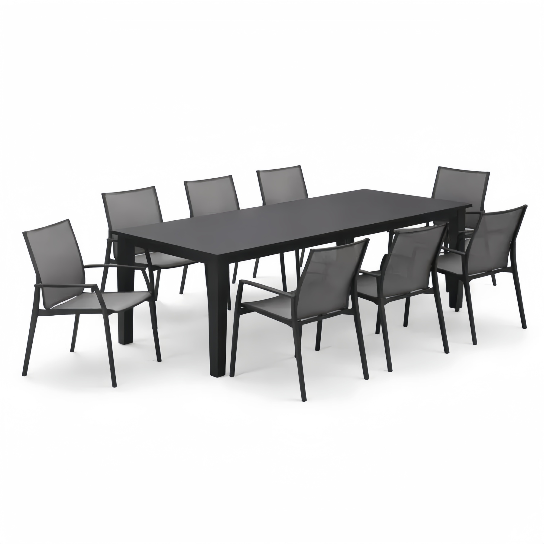 Set Tavolo da Pranzo in Alluminio Nero con 8 Sedie in Tessuto Sintetico Grigio