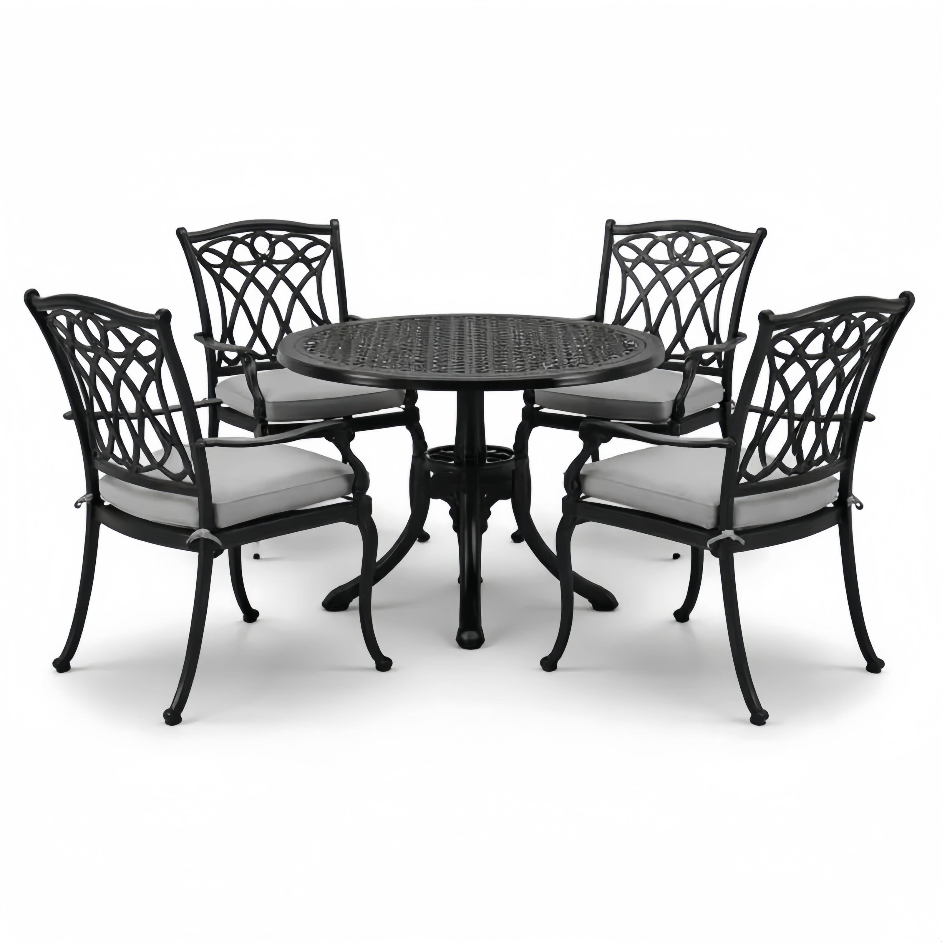 Set da Giardino in Alluminio Nero Tavolo Rotondo e 4 Sedie con Cuscini Grigi