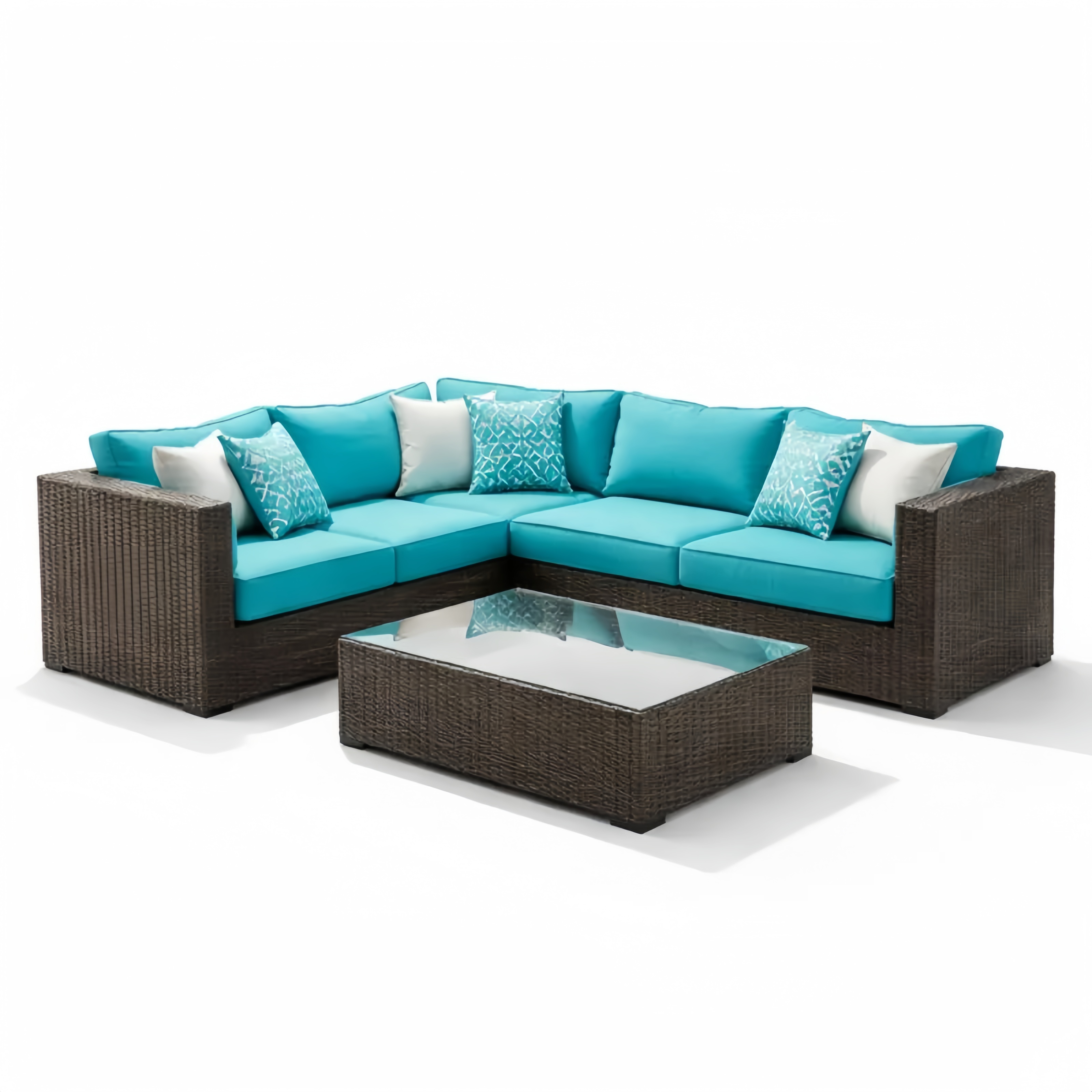 Set Divano Angolare in Rattan con Cuscini Azzurri