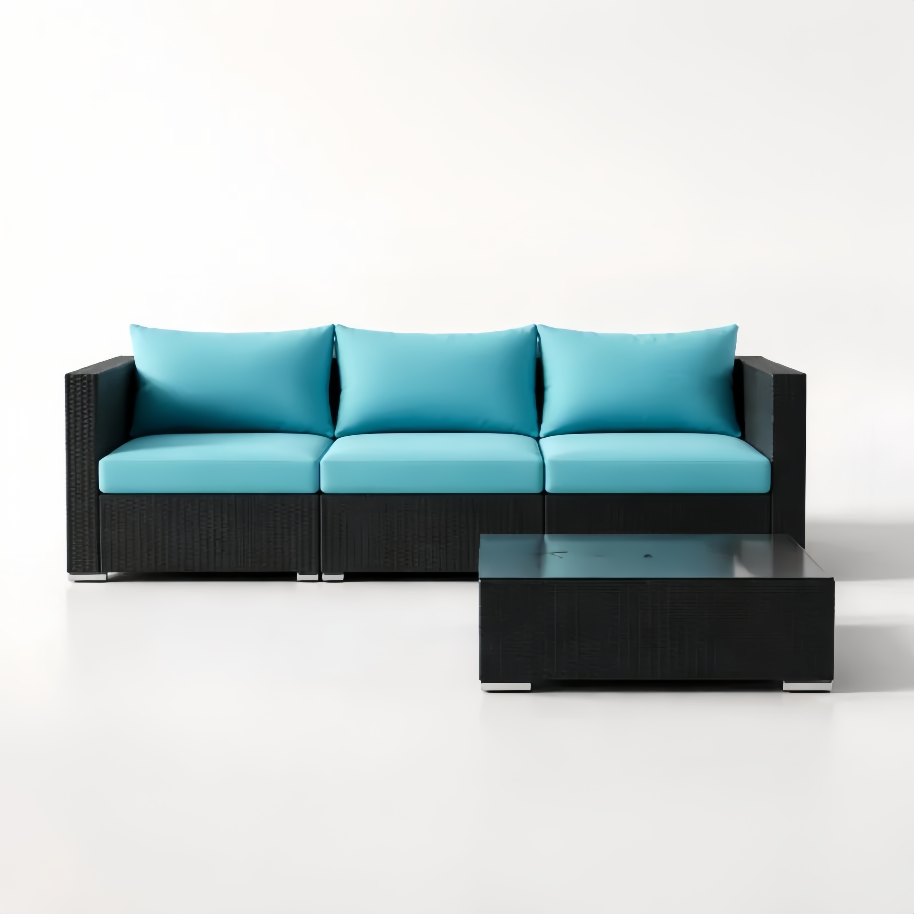 Divano Modulare 3 Posti in Rattan Nero con Cuscini Blu e Tavolino in Vetro Temperato