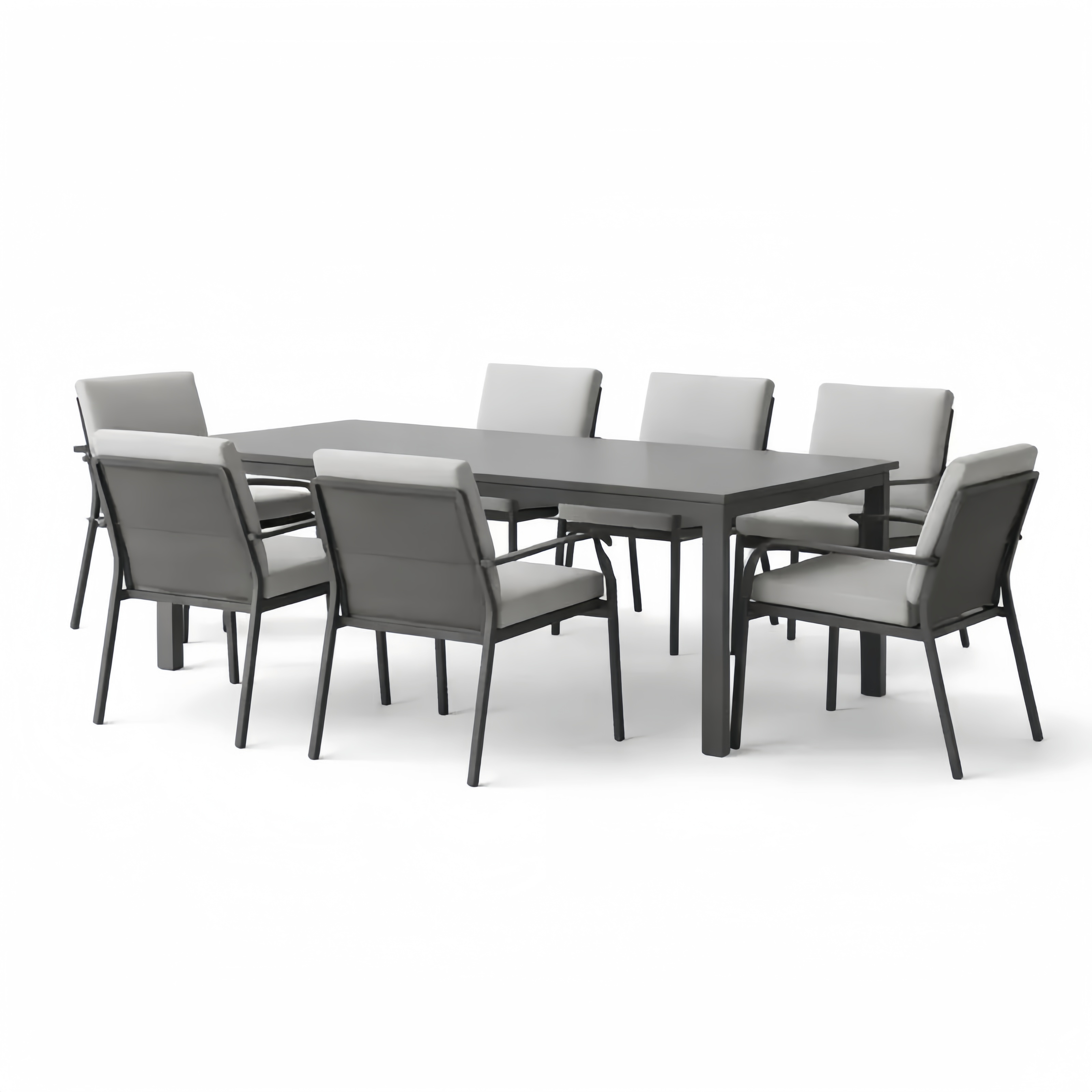 Set da pranzo rettangolare in metallo con sette sedie imbottite grigie