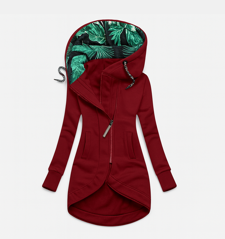 Női egyszínű, kapucnis, mintás kabát