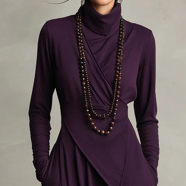 👗 Елегантна дамска асиметрична макси рокля с висока яка – драпиран дизайн за безупречен чар!