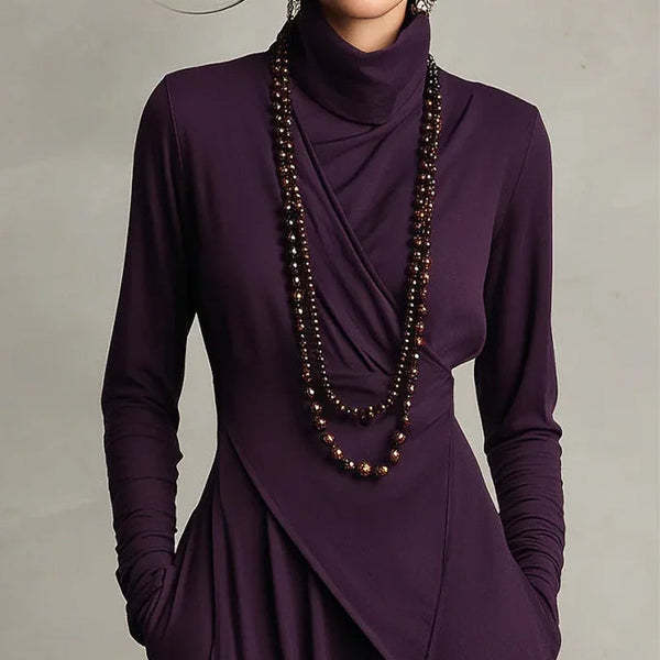 👗 Елегантна дамска асиметрична макси рокля с висока яка – драпиран дизайн за безупречен чар!