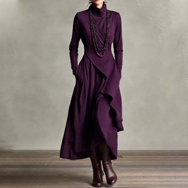 👗 Елегантна дамска асиметрична макси рокля с висока яка – драпиран дизайн за безупречен чар!