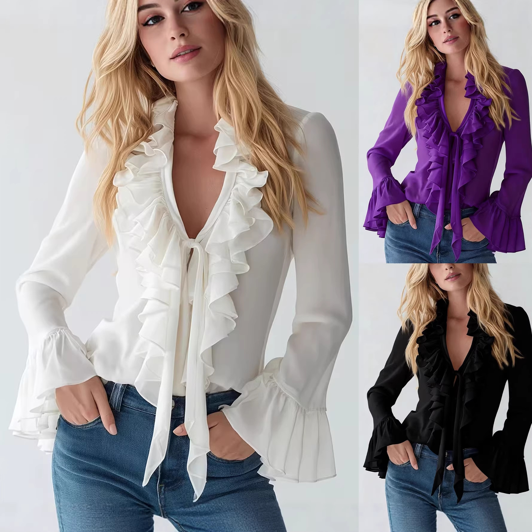 Блуза с камбановидни ръкави, гладка, с волани