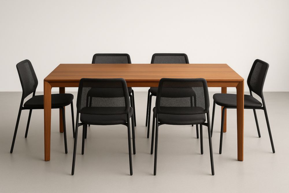 Table à manger rectangulaire en bois avec 6 chaises en métal et maille noire