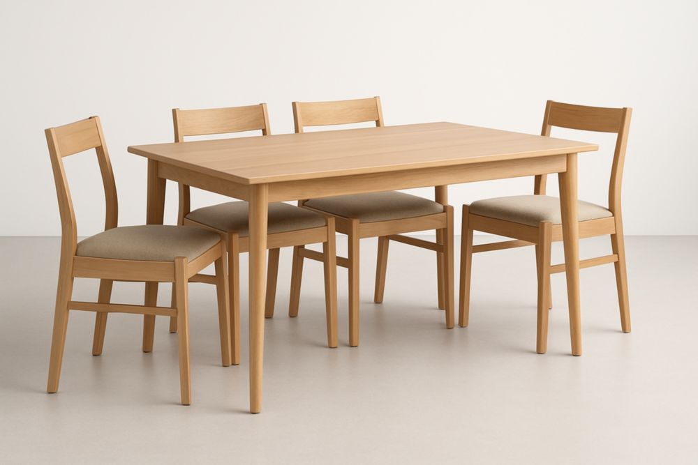 Ensemble table à manger en bois clair avec 4 chaises en tissu polyester