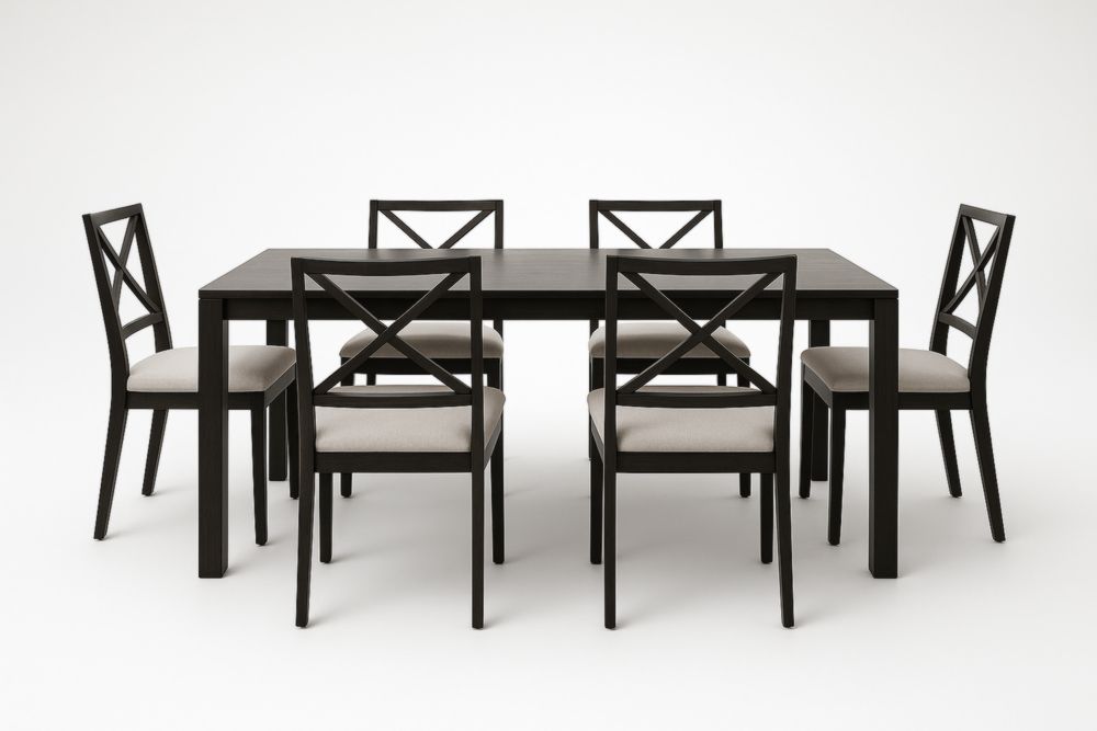 Ensemble Table à Manger Noir avec 6 Chaises Beige