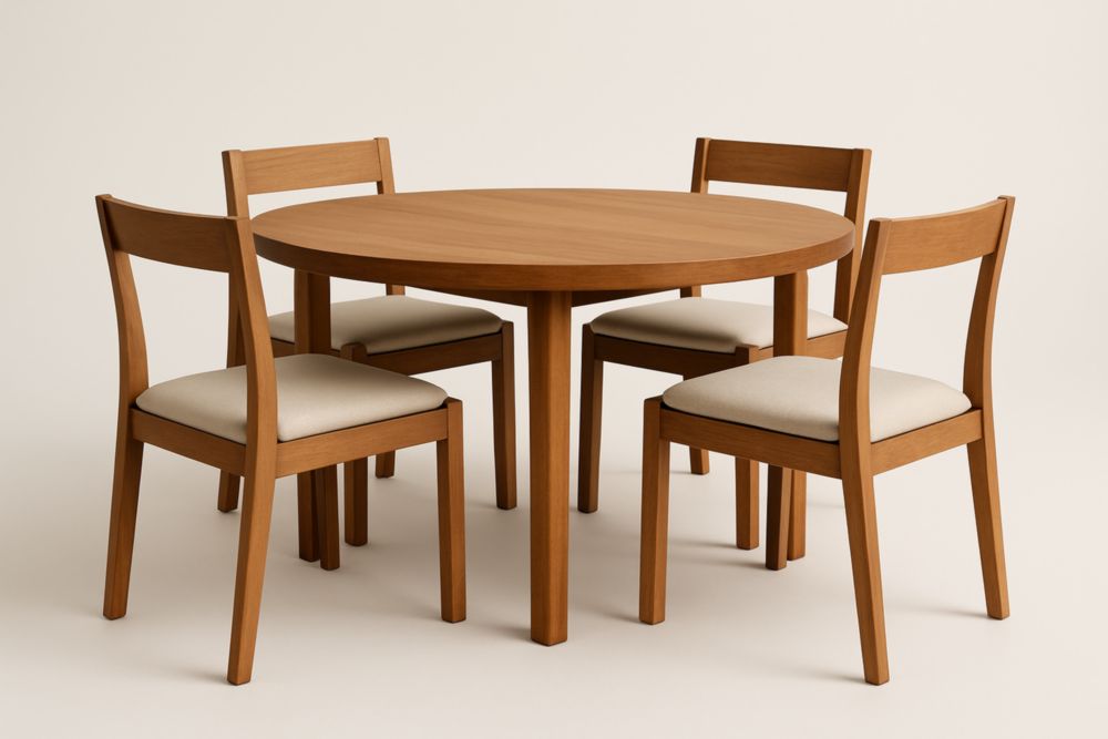 Table ronde en bois avec 4 chaises en tissu polyester