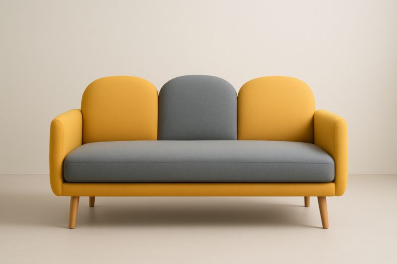 Canapé 3 places jaune/gris tissu polyester pieds bois