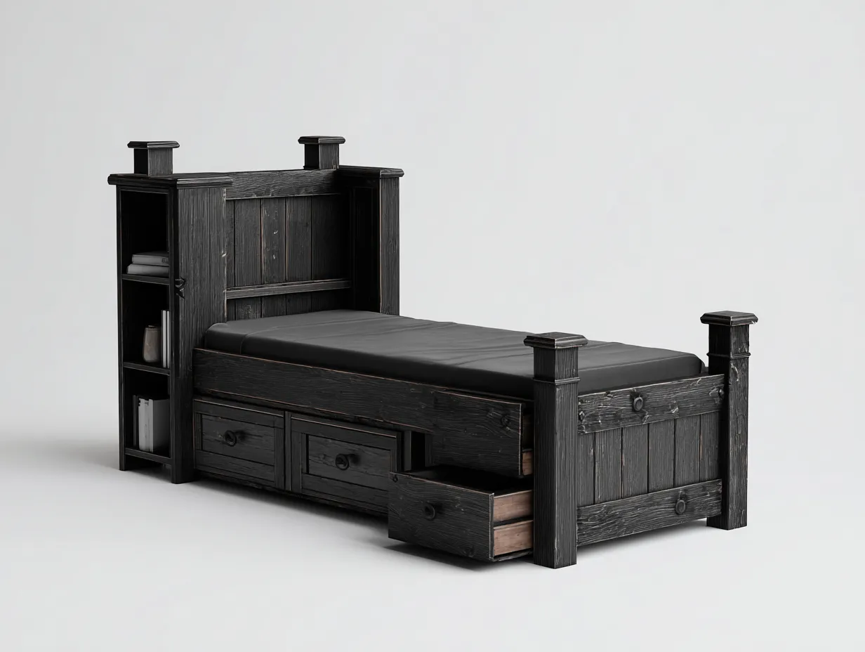 Lit simple - bois - 215x100x120 cm - noir - style rustique moderne-Bamboomyhaus