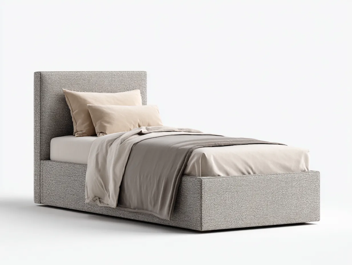 Lit simple - tissu-bois - 207x95x103 cm - beige-gris clair - style moderne épuré-Bamboomyhaus