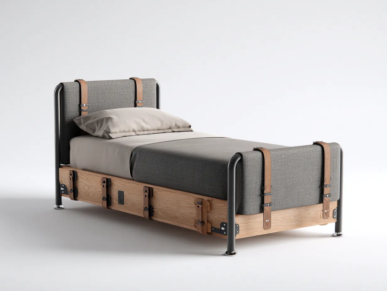 Lit simple - bois-tissu-métal - 210x96x112 cm - gris-marron - style industriel contemporain-Bamboomyhaus