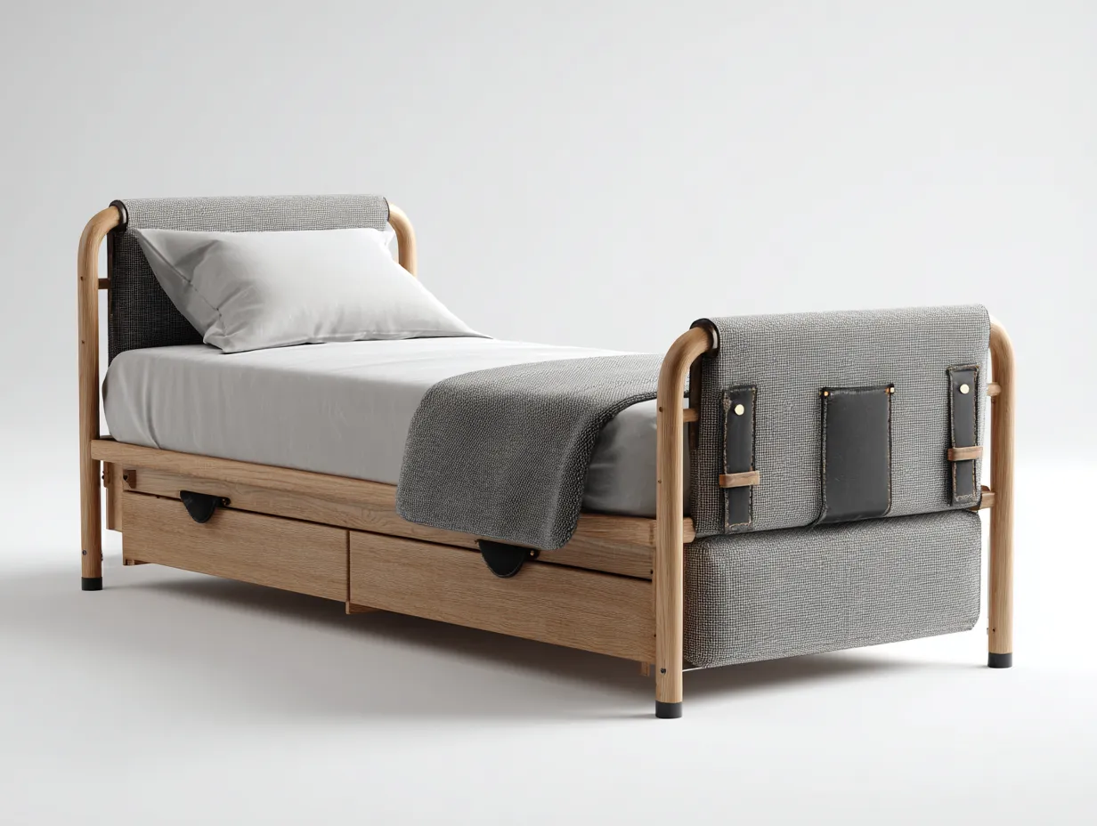 Lit simple - bois-tissu - 212x98x108 cm - gris clair-bois naturel - style scandinave contemporain-Bamboomyhaus