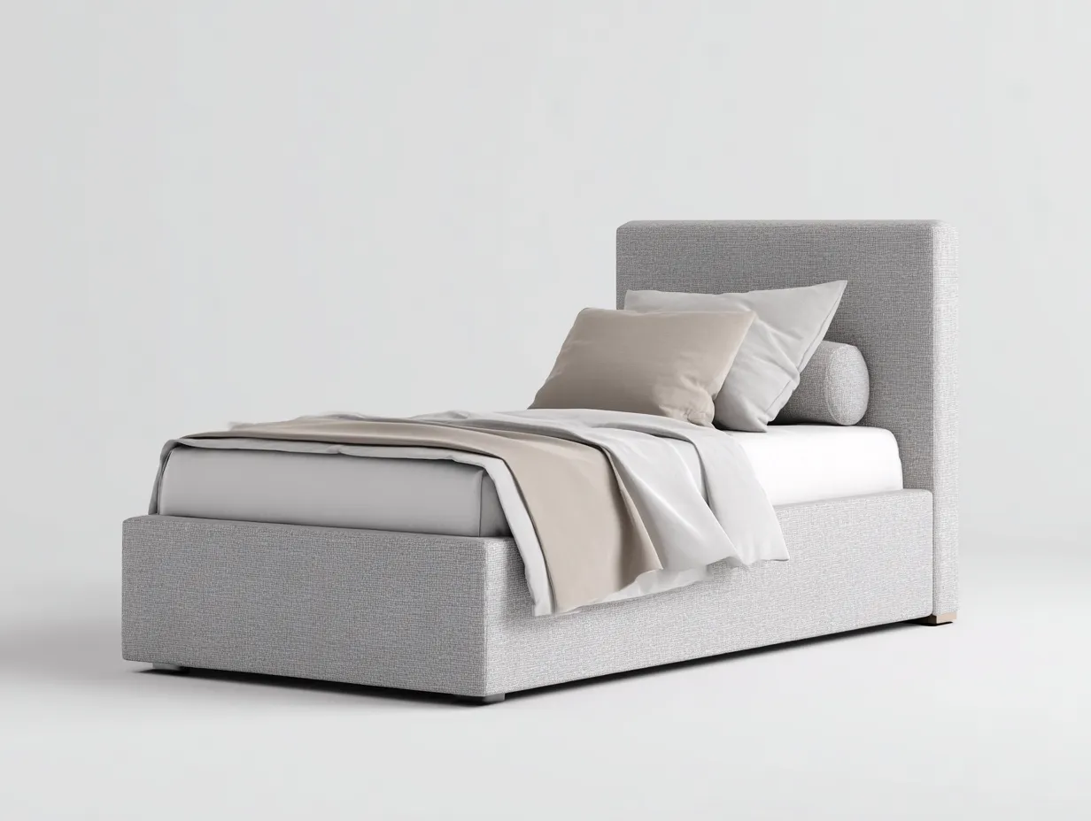 Lit simple - tissu-bois - 206x96x102 cm - beige clair - style moderne épuré-Bamboomyhaus