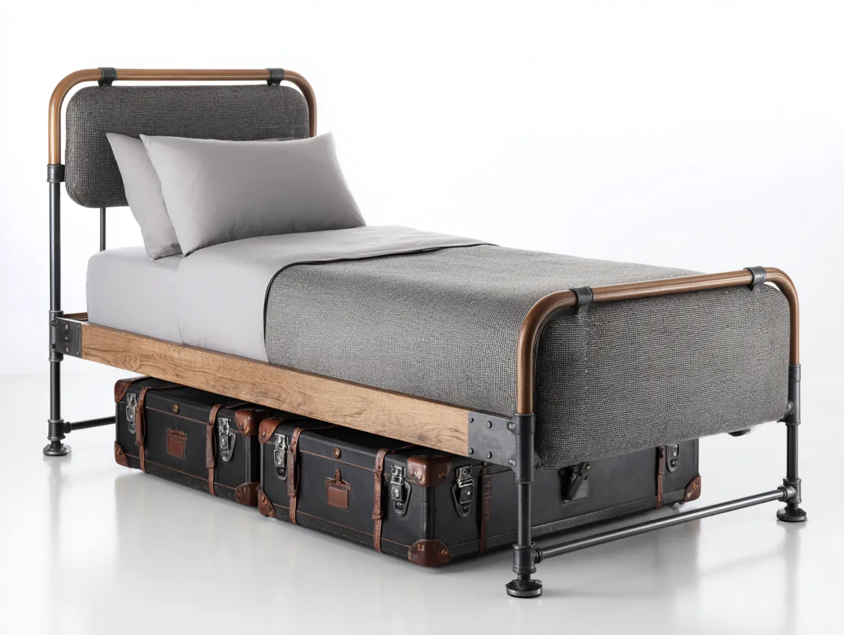 Lit simple - bois-tissu-métal - 214x97x115 cm - gris-marron - style industriel rétro-Bamboomyhaus