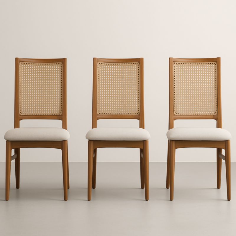 Chaises en bois avec dossier en rotin et assise en tissu, set de 3