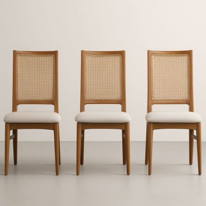 Chaises en bois avec dossier en rotin et assise en tissu, set de 3