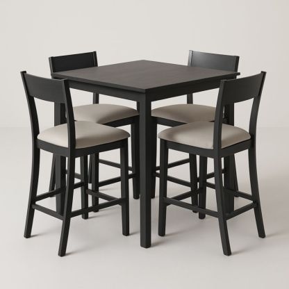 Ensemble Table Haute Carrée en Bois Noir avec 4 Chaises Rembourrées Crème