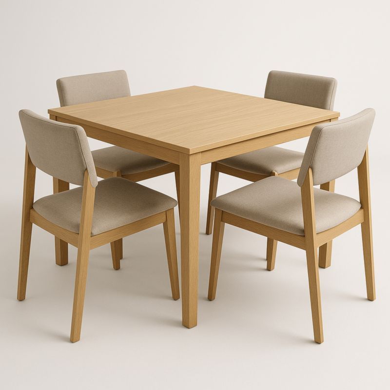 Table en bois carré avec 4 chaises tissu Beige