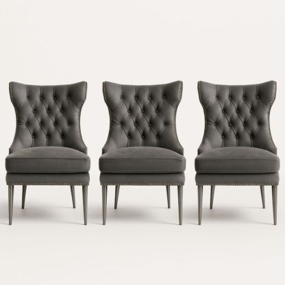 Ensemble de 3 chaises de salle à manger en velours gris avec dossier à boutons et pieds en métal