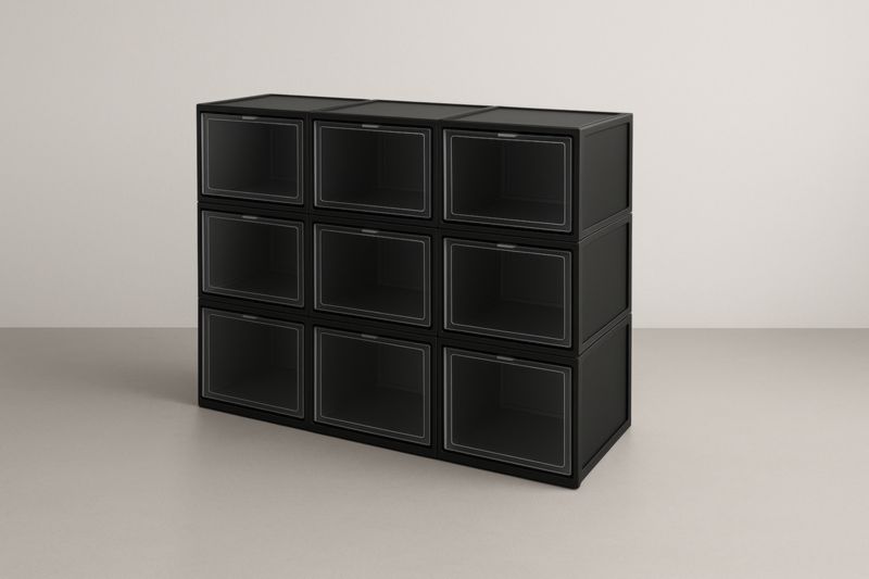 Boîtes de rangement empilables en plastique noir avec portes transparentes