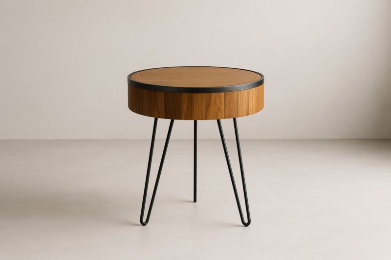 Table d'appoint ronde en bois et métal noir