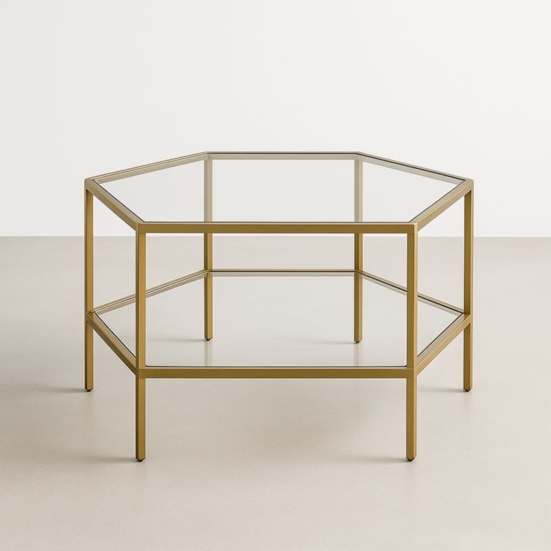 Table basse hexagonale en verre trempé et cadre en acier doré