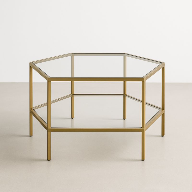 Table basse hexagonale en verre trempé et cadre en acier doré
