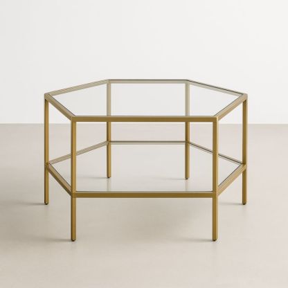 Table basse hexagonale en verre trempé et cadre en acier doré