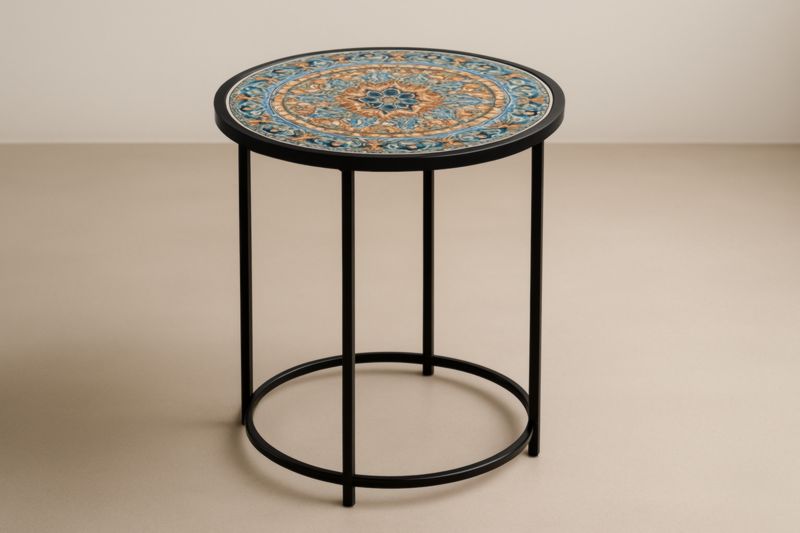 Table d'appoint ronde en céramique motif bleu/orange métal noir
