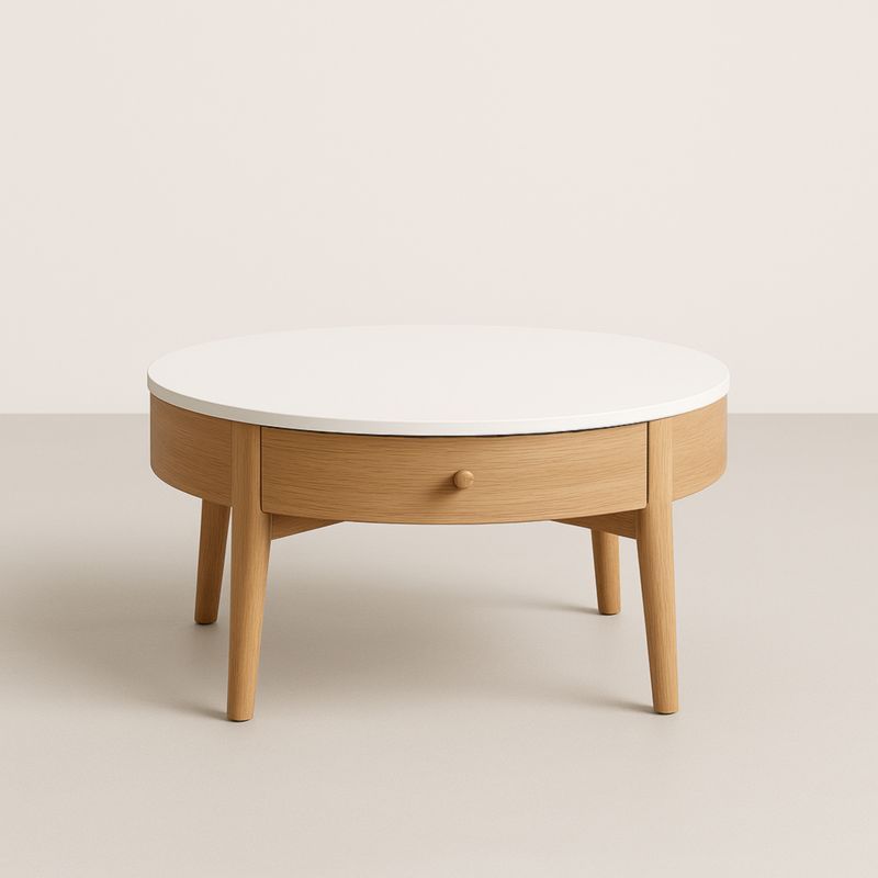 Table basse ronde en bois MDF avec tiroir 80 cm Blanc/Bois