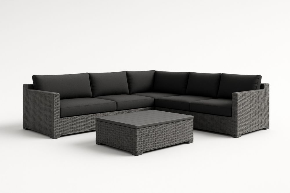 Divano angolare in rattan sintetico grigio con cuscini neri-Naturallinear