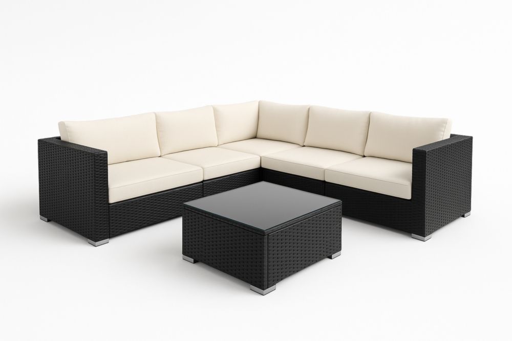 Divano angolare da giardino in rattan sintetico nero con cuscini crema-Naturallinear