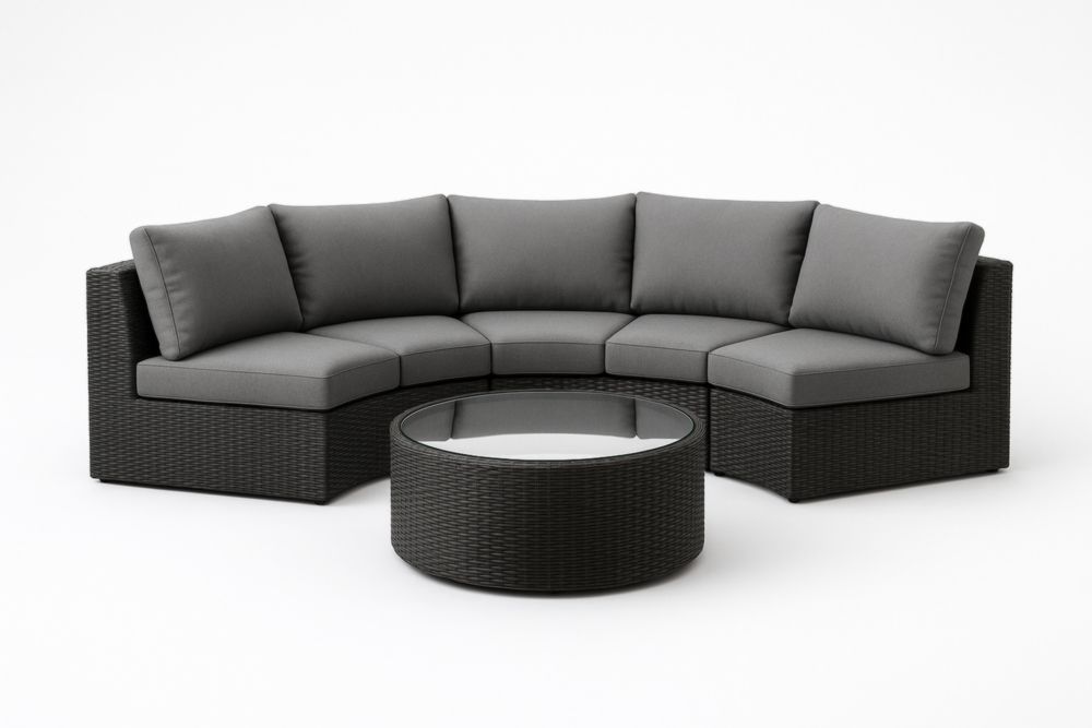 Set Divano Angolare Esterno Rattan Cuscini Grigi e Tavolino Vetro-Naturallinear