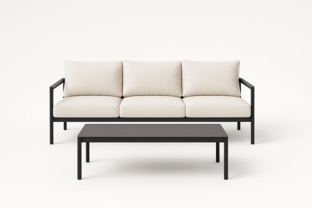 Set Divano e Tavolino in Metallo e Cuscini in Tessuto, Nero/Bianco-Naturallinear