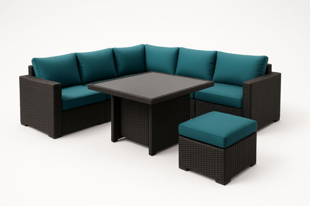 Set mobili da giardino in rattan sintetico con cuscini blu, tavolo in vetro temperato-Naturallinear