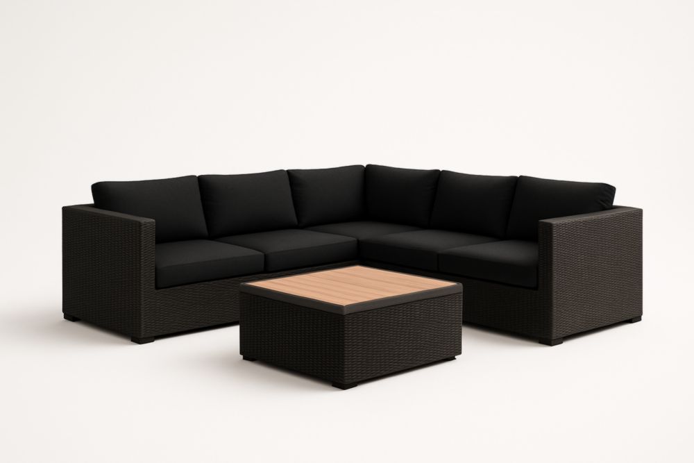 Divano angolare da esterno in rattan sintetico nero con cuscini neri e tavolino in teak-Naturallinear