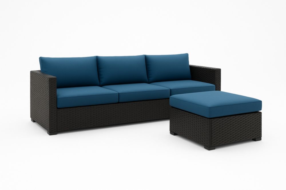 Divano da Esterno in Rattan Sintetico con Cuscini in Poliestere Blu-Naturallinear