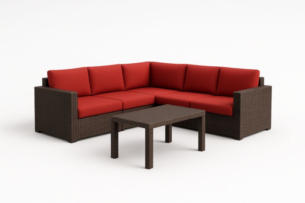 Set Divano Angolare da Giardino in Rattan Sintetico con Cuscini in Poliestere Rosso-Naturallinear