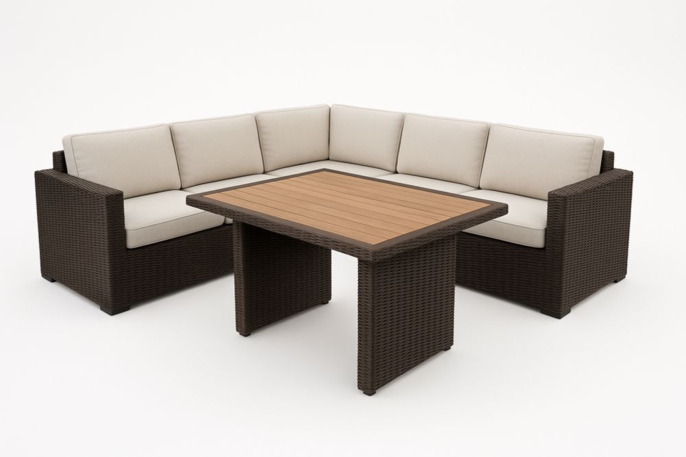 Set Divano Angolare da Giardino in Rattan con Tavolo in Legno-Naturallinear
