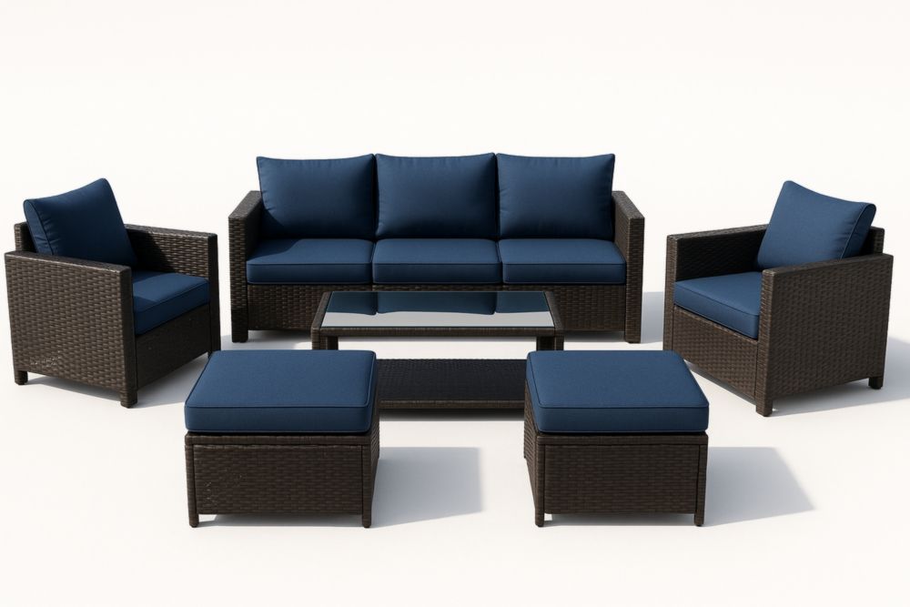 Set salotto giardino 6 pezzi rattan sintetico cuscini blu-Naturallinear