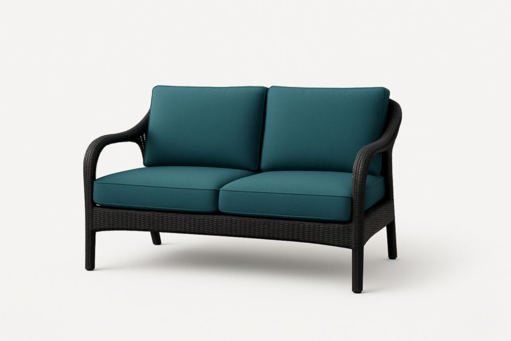 Divano 2 posti in polyrattan nero con cuscini in tessuto poliestere blu, 130 cm-Dwellanivo