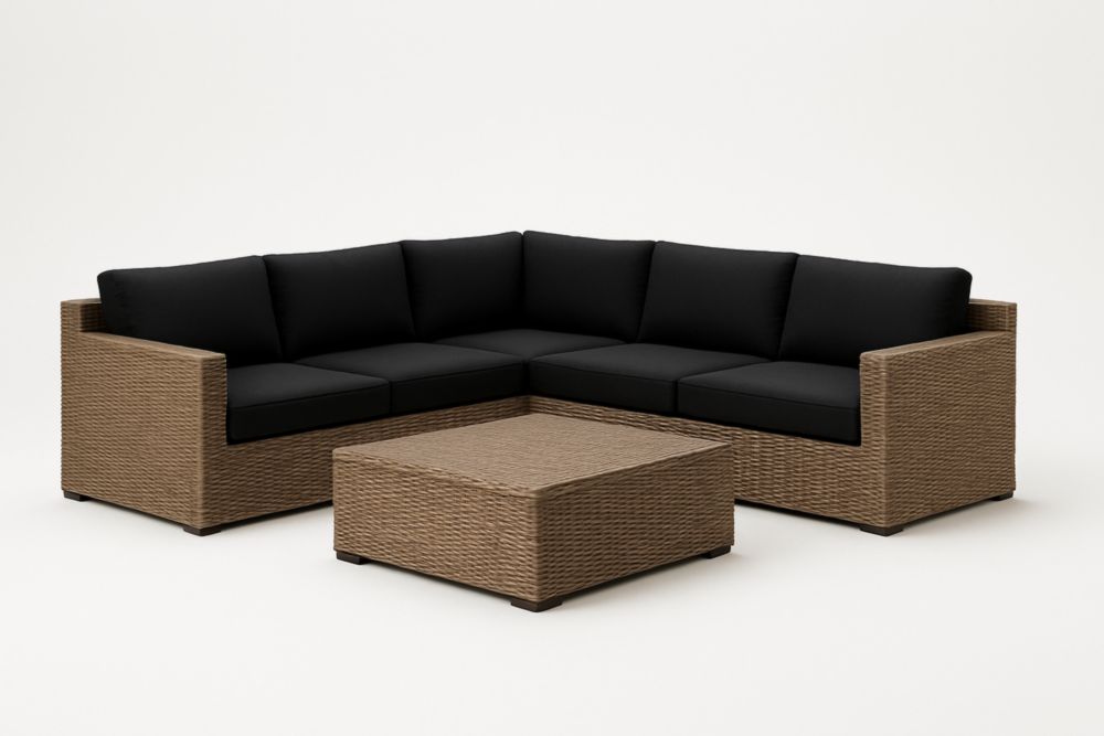Set Divano Angolare Modulare in Rattan con Cuscini Neri-Dwellanivo
