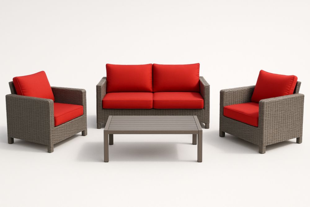 Set salotto da giardino in rattan con cuscini rossi-Dwellanivo