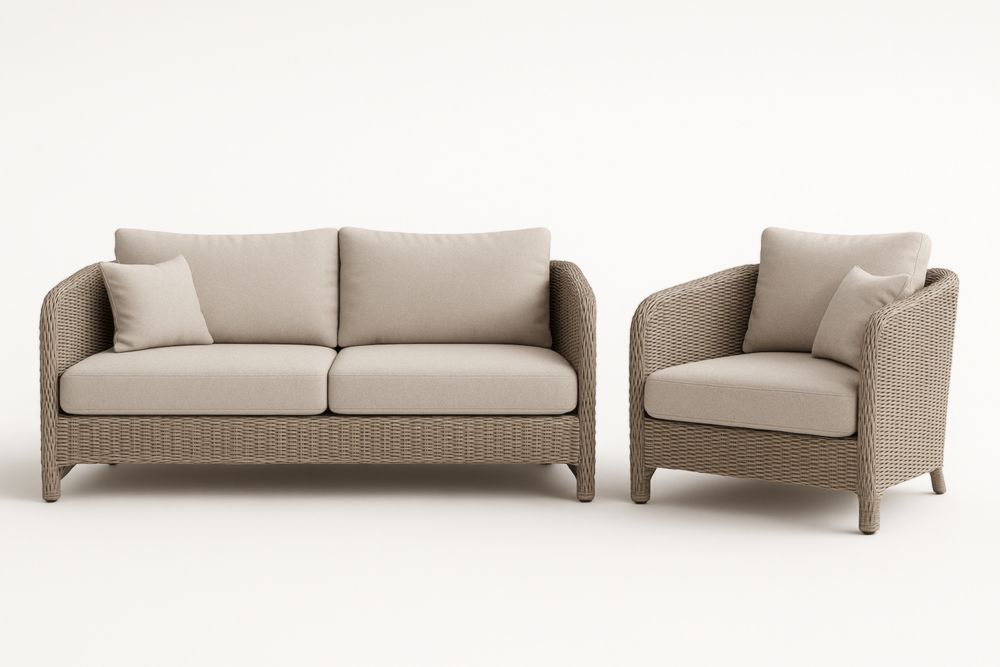 Set divano e poltrona in rattan con cuscini in poliestere beige-Dwellanivo