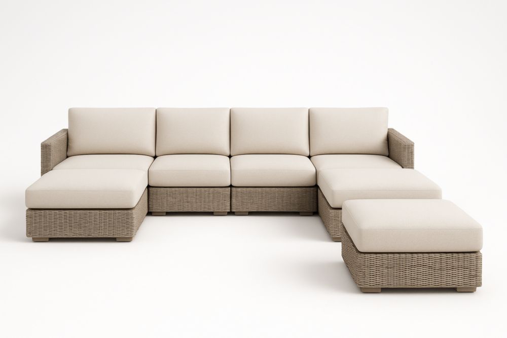 Divano Angolare Modulare in Rattan con Cuscini in Poliestere Beige-Dwellanivo