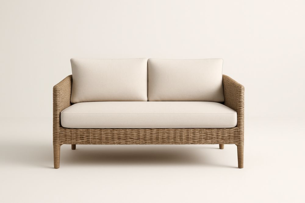 Divano a Due Posti in Rattan con Cuscini Beige-Dwellanivo